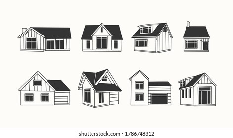 Various Outline Small and tiny houses. White walls, black windows. Different facades. Scandinavian style. Hand drawn trendy illustrations. Black and white Vector set. Every building is isolated