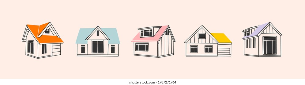 Various Outline Small and tiny houses. White walls, black windows. Colorful roofs. Different facades. Scandinavian style. Hand drawn Vector set. Every building is isolated