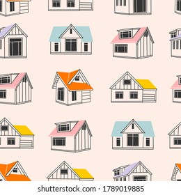 Various Outline Small and tiny houses. White walls, black windows. Colorful roofs. Different facades. Scandinavian style. Hand drawn Vector seamless Pattern. Background, Texture. Wallpaper