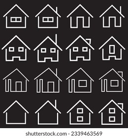 Various Outline Small and tiny houses. White walls, black windows. Colorful roofs. Different facades. Scandinavian style. Hand drawn Vector set. Every building is isolated