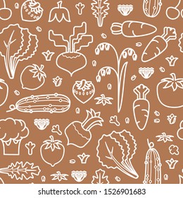 Various outline vegetables isolated on brown background. Seamless pattern of  vegetarian healthy organic food. Tomato, cucumber, lettuce, beet, carrot, broccoli. Print design, vector.