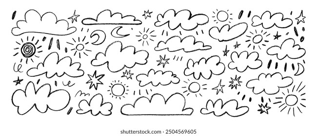 Various outlined crayon clouds, sun, moon, stars and squiggles in kid's style. Hand drawn childish girly style vector elements. Doodle pencil weather icons. Cute linear vector clouds.
