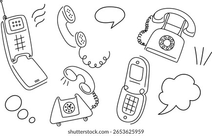 Various outlined telephones and speech bubbles represent communication on white. Vector png Hand drawn retro phone line drawing for connection concept.