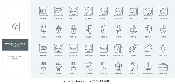 Várias saídas e entradas com nomes, circuito fino preto símbolos contorno ilustração vetorial. Diferentes tipos de tomadas elétricas e plugues, caixa de ferramentas eletricista e conjunto de ícones de linha de equipamento.