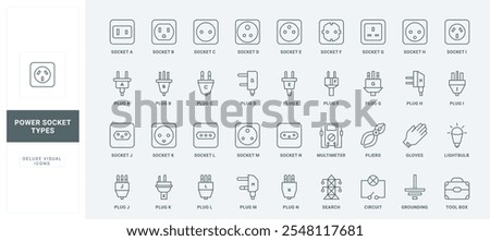 Various outputs and inputs with names, circuit thin black outline symbols vector illustration. Different types of electric sockets and plugs, electrician toolbox and equipment line icon set.