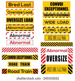 Various oversize load international signs and symbols (Chinese text: Overweight transport, French text Convoi Exceptionnel: Exceptional Convoy, Italian Trasporto Eccezionale: Exceptional Transport)