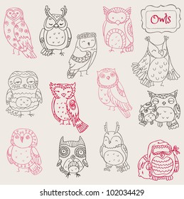 Various Owl Doodle Collection - Hand Drawn - In Vector