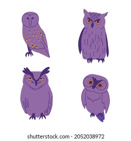 Various owls vector illustrations. Hand drawn cartoon birds. Wisdom symbol and Halloween character.