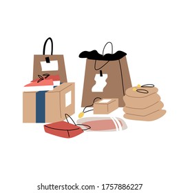 Various packages and boxes with things. The concept of online shopping. Hand-drawn items of clothing. Vector illustration of isolated on a white background.