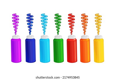 Various paints in large tubes. Acrylic or oil paints in all colors of the rainbow,red,orange,yellow,green,cyan,blue, and purple with spilled strips.Vector realistic illustration on white background
