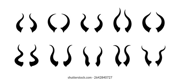 Various Pairs of Devilish Horns in Black Silhouette Isolated on White Background