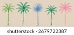 Various Palm tree set. Colorful tropical plants. Coconut, beach palms. Abstract bright silhouettes. Hand drawn modern Vector illustration. Isolated design elements. Print, sticker templates