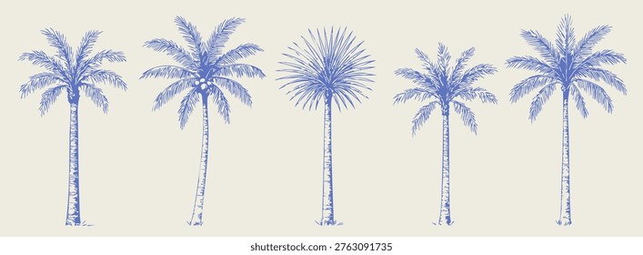Various Palm tree set. Monochrome tropical plants. Coconut, beach palms. Abstract blue silhouettes. Hand drawn modern Vector illustration. Isolated design elements. Print, sticker templates
