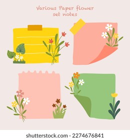 Various paper flower for taking notes or journaling. Set of colorful paper with cute floral vector. All item are isolated