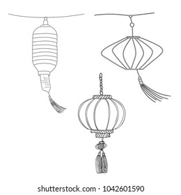 Various paper lanterns swaying in a wind. Vector hand drawn sketch set