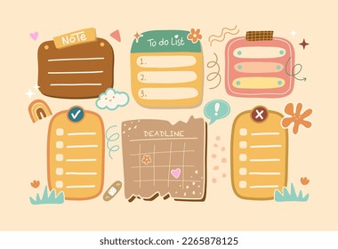 Various paper notes. Colorful boards for reminders, schedule, to do list, planner, do and don’t, deadline. Hand drawn vector illustration with a cute and retro style. All element are isolated.