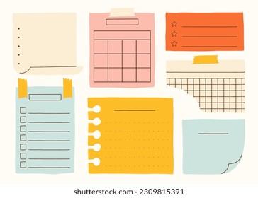 Various paper notes. Colorful boards for reminders, schedule, to do list, planner, do and don't, deadline. Hand drawn vector illustration with a cute and retro style. All element are isolated.