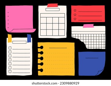 Various paper notes. Colorful boards for reminders, schedule, to do list, planner, do and don't, deadline. Hand drawn vector illustration with a cute and retro style. All element are isolated.