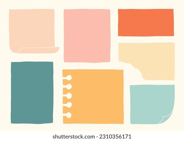 Various paper notes. Colorful boards for reminders, schedule, to do list, planner, do and don't, deadline. Hand drawn vector illustration with a cute and retro style. All element are isolated.