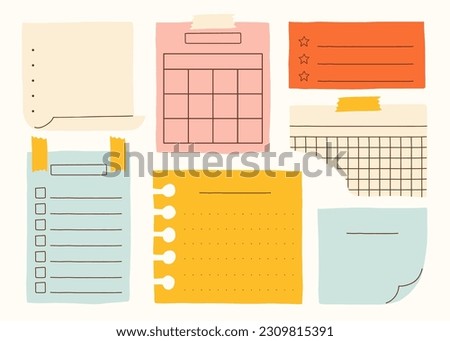 Various paper notes. Colorful boards for reminders, schedule, to do list, planner, do and don't, deadline. Hand drawn vector illustration with a cute and retro style. All element are isolated.