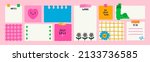 Various Paper notes on stickers. Information board with blank Paper sticky notes for reminders, to do list, planner, schedule. Hand drawn Vector illustration. Cartoon style. All elements are isolated