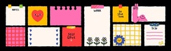 Various Paper notes on stickers. Information board with blank Paper sticky notes for reminders, to do list, planner, schedule. Hand drawn Vector illustration. Cartoon style. All elements are isolated