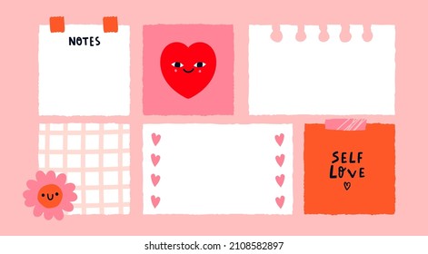 Various Paper notes on stickers. Information board with blank Paper sticky notes for reminders, to do list, planner, schedule. Hand drawn Vector illustration. Cartoon style. All elements are isolated