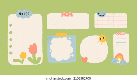 Various Paper notes on stickers. Information board with blank Paper sticky notes for reminders, to do list, planner, schedule. Hand drawn Vector illustration. Cartoon style. All elements are isolated