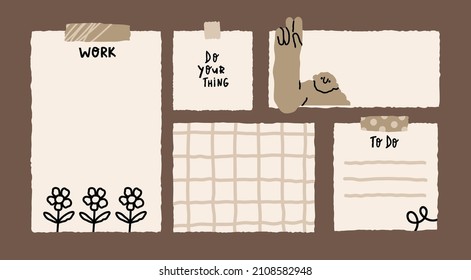 Various Paper notes on stickers. Information board with blank Paper sticky notes for reminders, to do list, planner, schedule. Hand drawn Vector illustration. Cartoon style. All elements are isolated