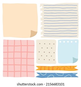 Various paper notes on stickers. Information board with empty paper notes for reminders, to-do list, planner, schedule. Hand drawn vector illustration. cartoon style. All elements are insulated.