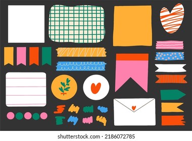Various paper notes on stickers. Information board with blank paper notes for reminders, to-do list, planner, schedule. hand drawn vector illustration. cartoon style. All elements are isolated.