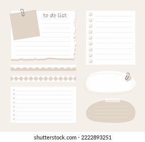 Various Paper notes on stickers. To do list, planner, schedule. Cute memo template. A collection of striped notes, blank notebooks, and torn notes used in a diary or office. Vector stock illustration.