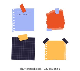 Diversas notas de papel en stickers. Tabla de información con notas adhesivas en papel en blanco para recordatorios, para hacer lista, planificador, planificación. Ilustración de vectores dibujada a mano. Estilo de caricatura. Todos los elementos están aislados