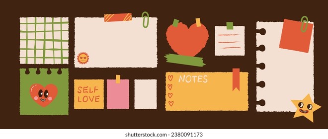 Various Paper notes on stickers. Information board with blank Paper sticky notes for reminders, to do list, planner, schedule. Hand drawn Vector illustration. Cartoon style.