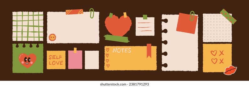 Various Paper notes on stickers. Information board with blank Paper sticky notes for reminders, to do list, planner, schedule. Hand drawn Vector illustration. Cartoon style.