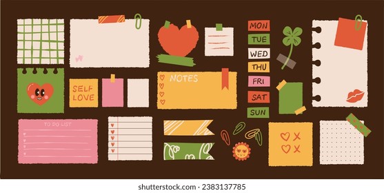 Various Paper notes on stickers. Information board with blank Paper sticky notes for reminders, to do list, planner, schedule. Hand drawn Vector illustration. Cartoon style.