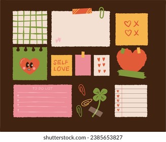 Various Paper notes on stickers. Information board with blank Paper sticky notes for reminders, to do list, planner, schedule. Hand drawn Vector illustration. Cartoon style.