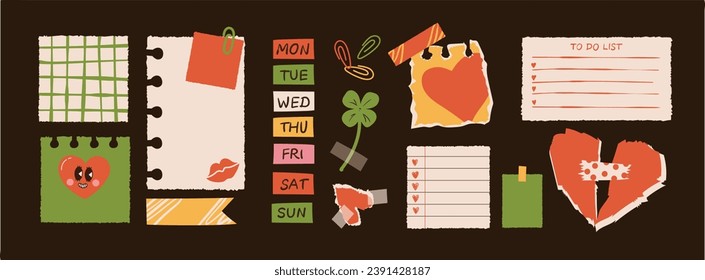 Various Paper notes on stickers. Information board with blank Paper sticky notes for reminders, to do list, planner, schedule. Hand drawn Vector illustration. Cartoon style.