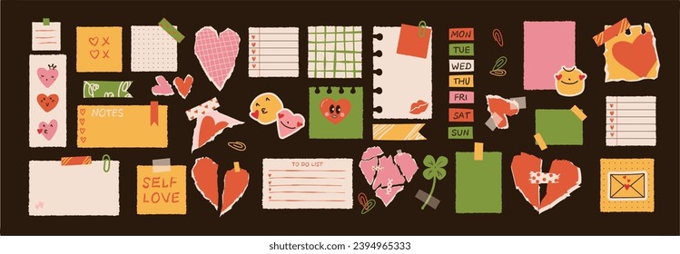 Various Paper notes on stickers. Information board with blank Paper sticky notes for reminders, to do list, planner, schedule. Hand drawn Vector illustration. Cartoon style.