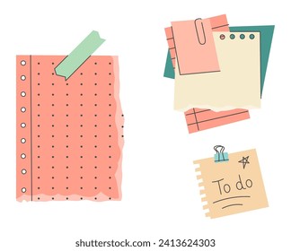 Various Paper notes on stickers. Information board with blank Paper sticky notes for reminders, to do list, planner, schedule. Hand drawn Vector illustration. Cartoon style. All elements are isolated