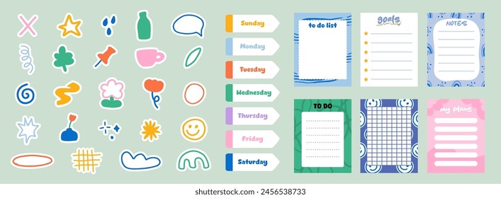Various Paper notes on stickers. Information board with blank Paper sticky notes for reminders, to do list, planner, schedule. Hand drawn Vector illustration. Cartoon style.