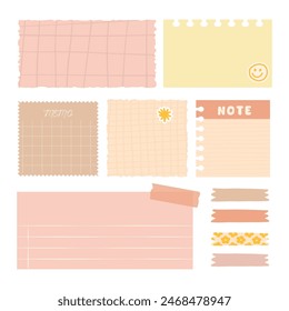 Various Paper notes on stickers. Information board with blank Paper sticky notes for reminders, to do list, planner, schedule. Hand drawn Vector illustration. Cartoon style. All elements are isolated