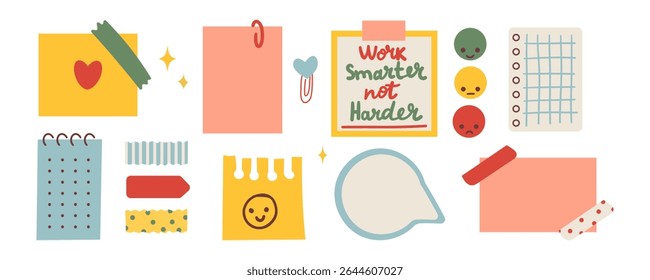 Various Paper notes on stickers. Information board with blank Paper sticky notes for reminders, to do list, planner, schedule. Hand drawn Vector hand drawn illustration. Cartoon style isolated .