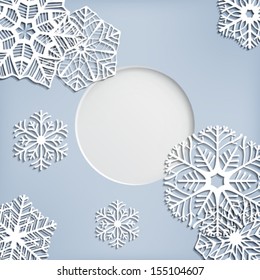 Various paper snowflakes on blue background with cut in circle space for text, Christmas illustration
