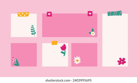 Various Paper sticker notes with flowers. Paper sticky notes for reminders, to do list, planner, schedule. Hand drawn flat vector illustration isolated on white background.