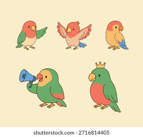 Various parrot characters. Simple line drawing illustration.