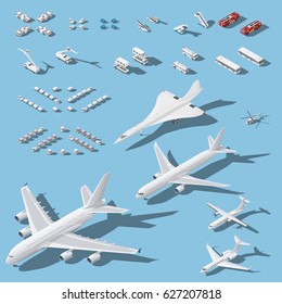 Various passenger airplanes and maintenance equipment for airport isometric icons set vector graphic illustration