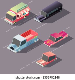 Various passenger, business and cargo retro cars moving on highway isometric projection vector. Ice cream van, hearse, pickup truck muscle car illustration. Urban transport. Vehicles in city traffic