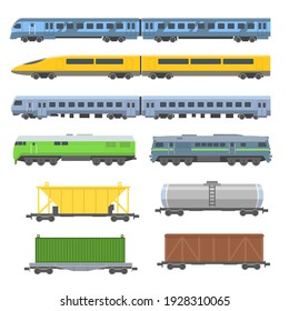 Various passenger and cargo trains flat set. Cartoon railway carriages and wagons vector illustrations isolated on white background. Transport and Europe travel concept
