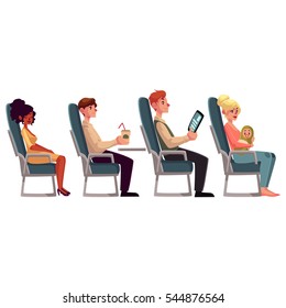 Various passengers, man and women in airplane seats, cartoon vector illustration on white background. Airplane seats occupied by men, drinking and reading, and women, sleeping and lulling a baby